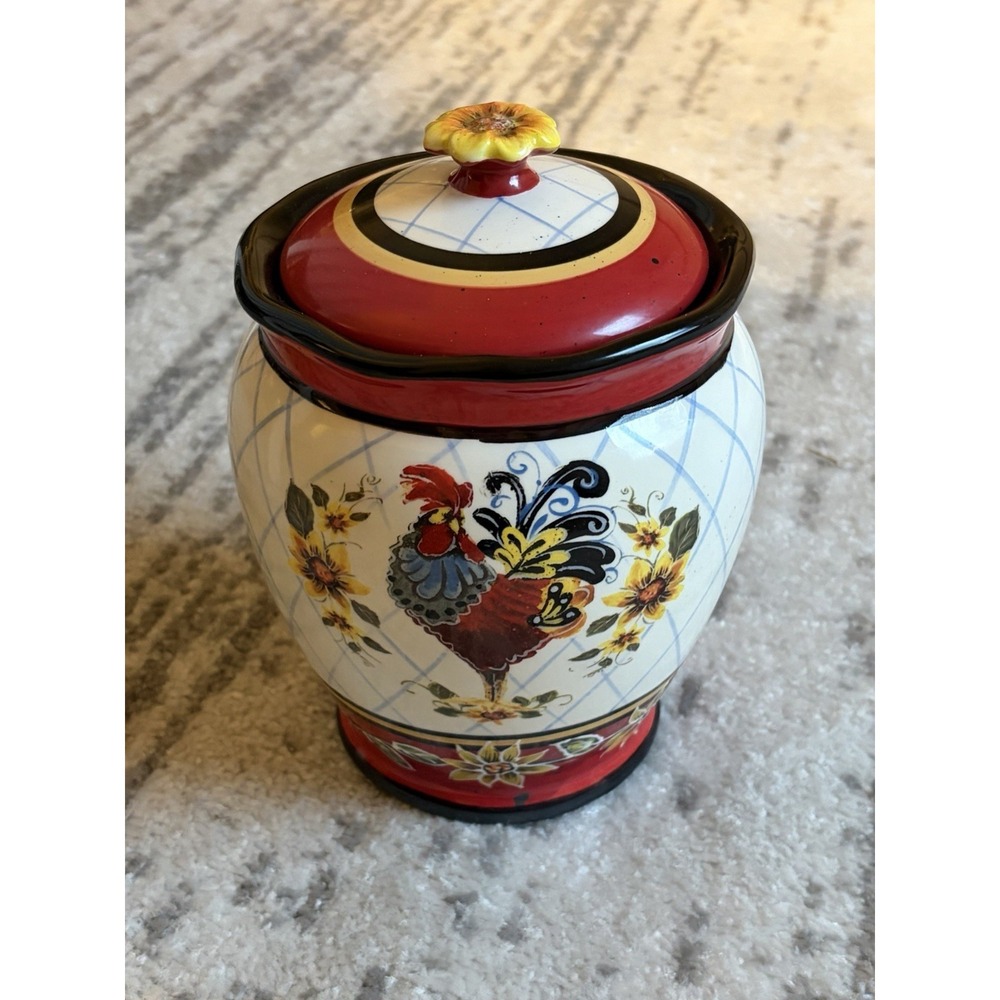 Julie Ueland Chanticleer Rooster Canister 9" Floral Lattice Farmhouse HTF D/C